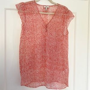 JOIE V-neck Sheer 100% Silk Flutter Cap Sleeve Blouse. Coral Red Print, Small